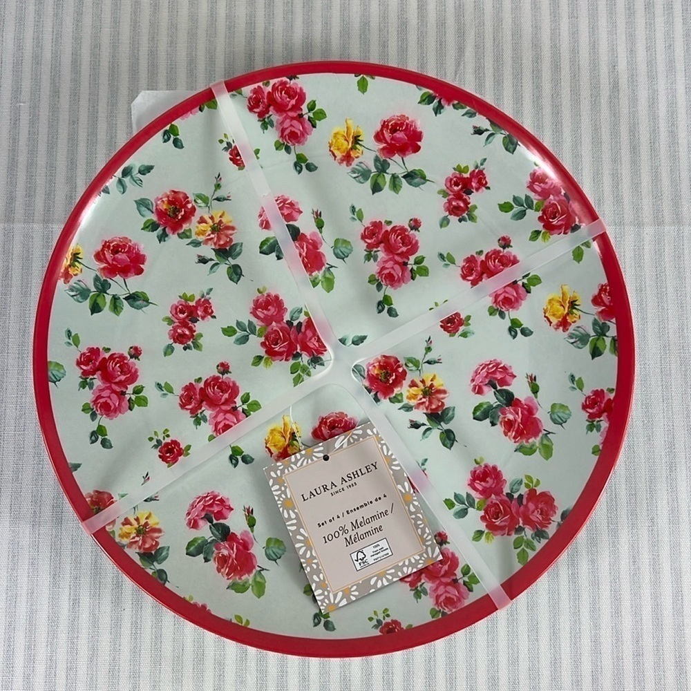 Laura Ashley Melamine Dinner Plates Floral Pink Light Green 11" Set of 4 NEW